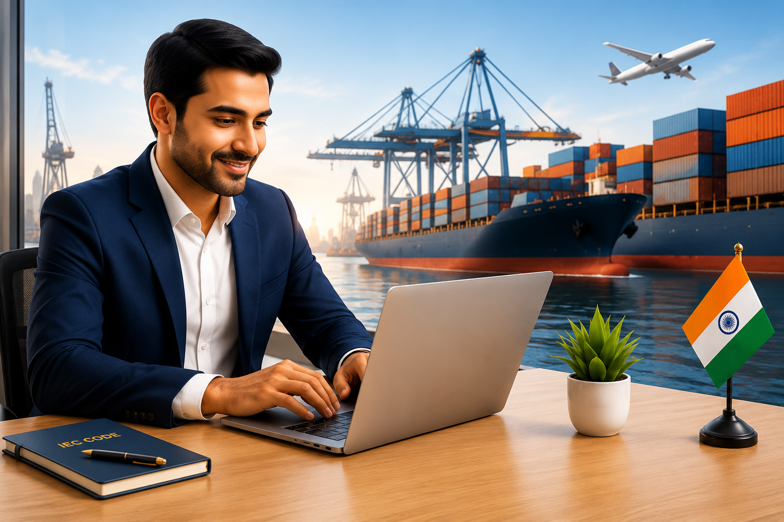 Indian exporter reviewing an IEC Code import export application on a digital dashboard, with cargo ship and containers in the background