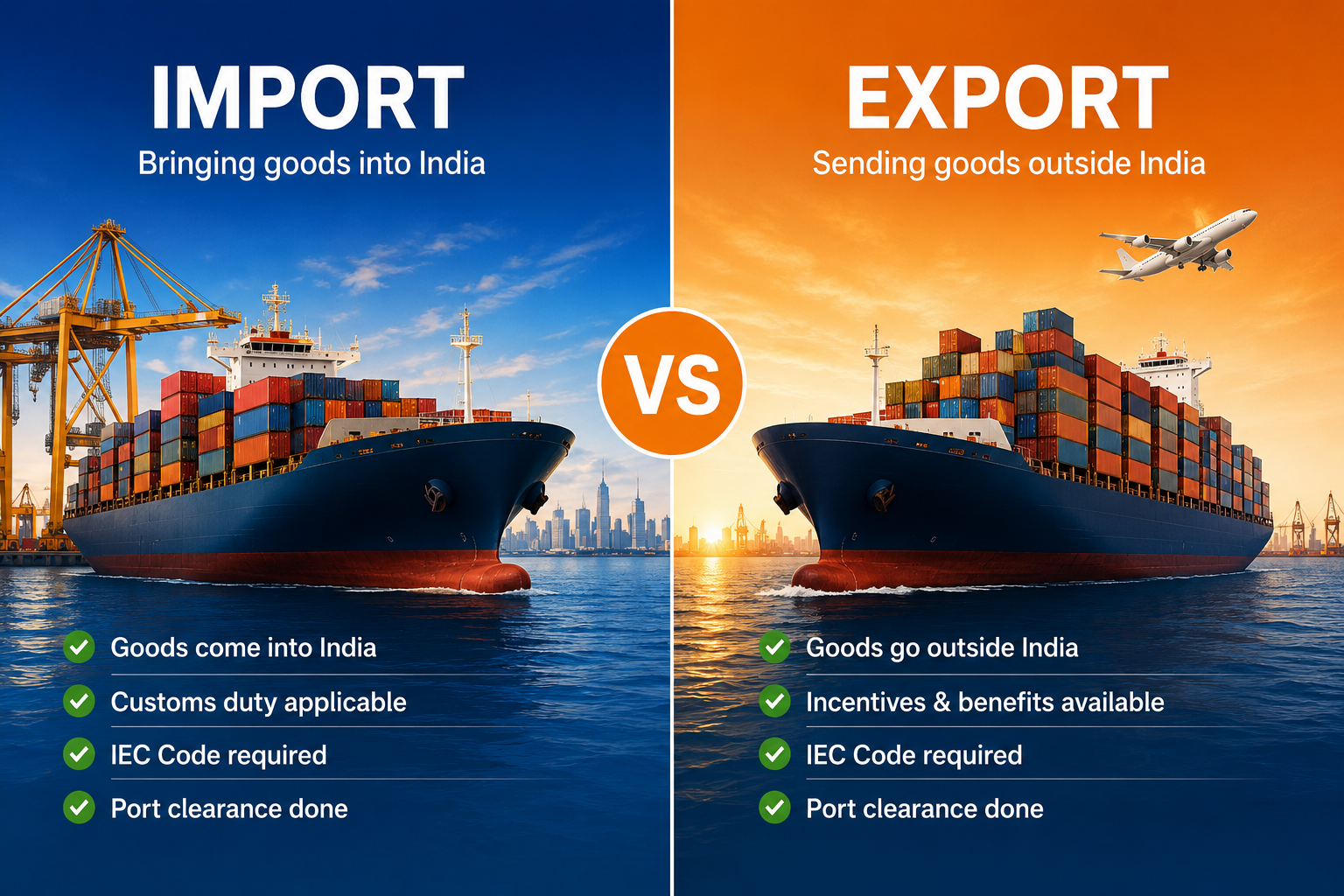 Split visual comparing import and export use cases for IEC Code with a shipping container graphic